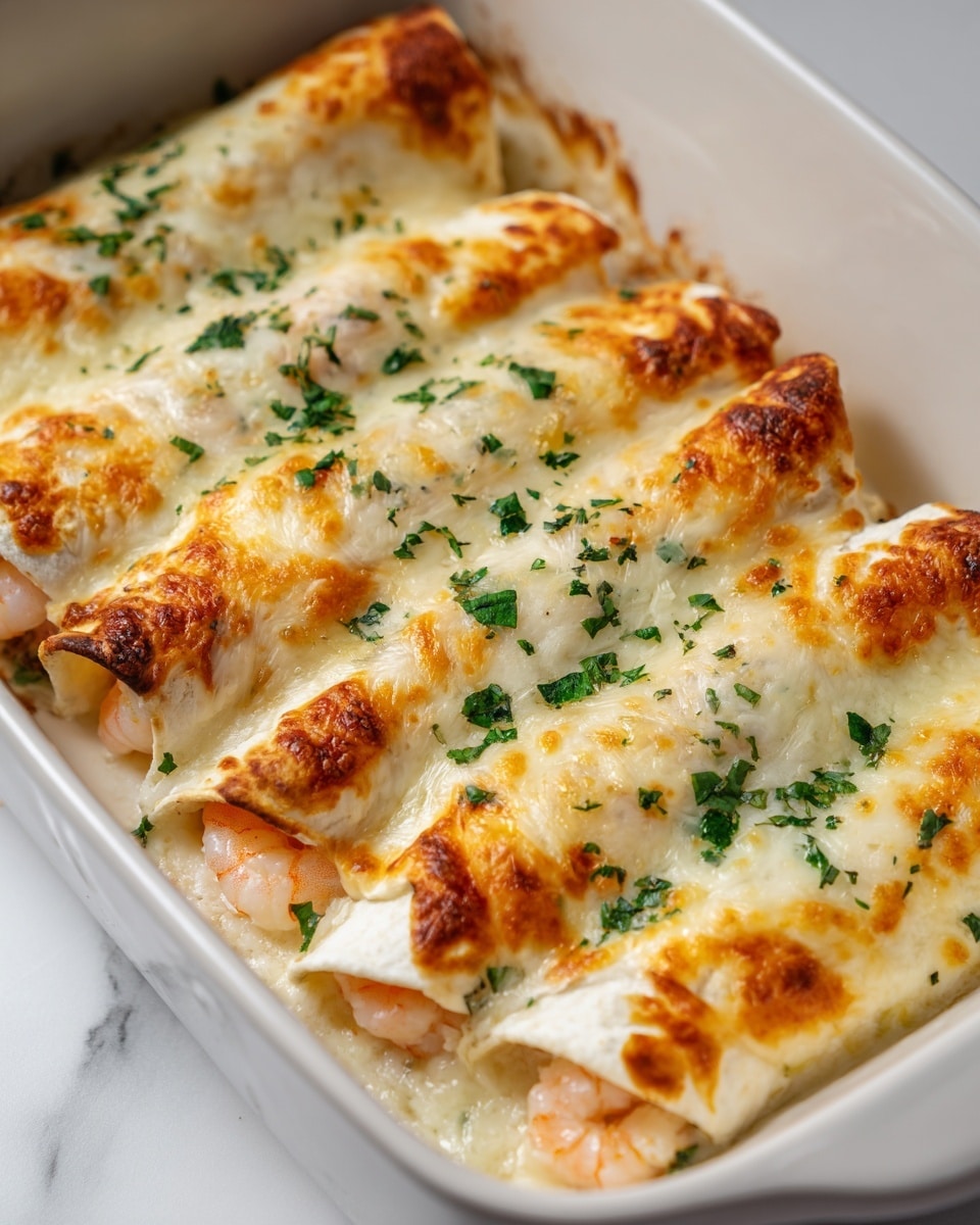 The image shows a close-up of three rolled crepes filled with shrimp placed side by side in a white oval dish, covered with a golden melted cheese layer that looks bubbly and slightly browned. Small green parsley pieces are sprinkled evenly on top, adding a touch of color, while the shrimp inside the crepes are light pink and partially visible. The texture of the crepes is soft with a slight sheen, and the melted cheese covers them completely, creating a creamy, rich look. The dish is set on a white marbled surface. photo taken with an iphone --ar 4:5 --v 7