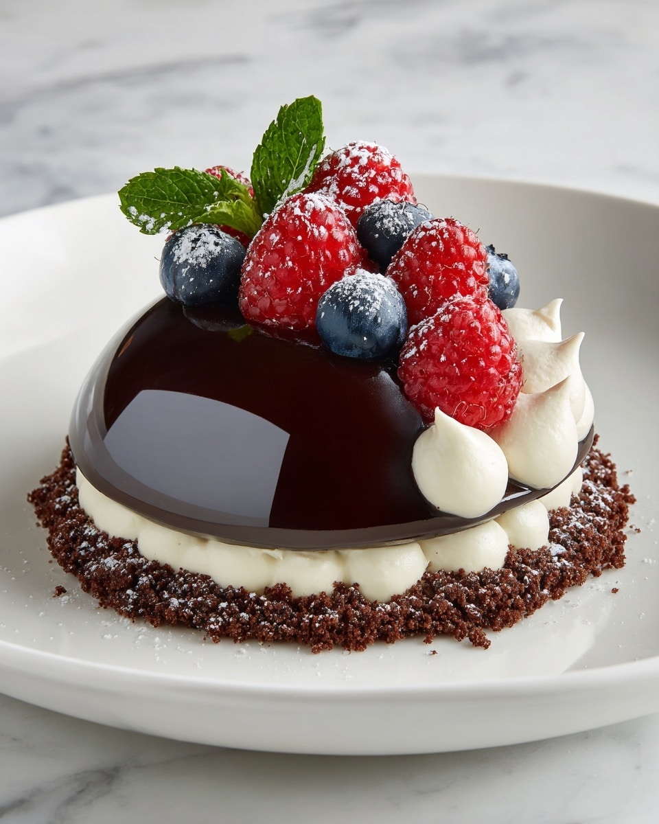 The image shows a glossy chocolate dome dessert placed on a white plate, sitting on a white marbled surface. The dessert has three main layers: a smooth shiny dark brown chocolate dome as the top layer, a thick base layer of crumbly chocolate cake, and a ring of small chocolate crumbs around the bottom edge. On top of the dome, there are small dollops of white cream arranged in a circle, with fresh red raspberries and blue blueberries placed neatly among the cream. A tiny green mint leaf sits on one of the berries, adding a touch of color. The photo captured reflects light softly on the glossy surface of the dome, creating a rich and elegant look. Photo taken with an iphone --ar 4:5 --v 7