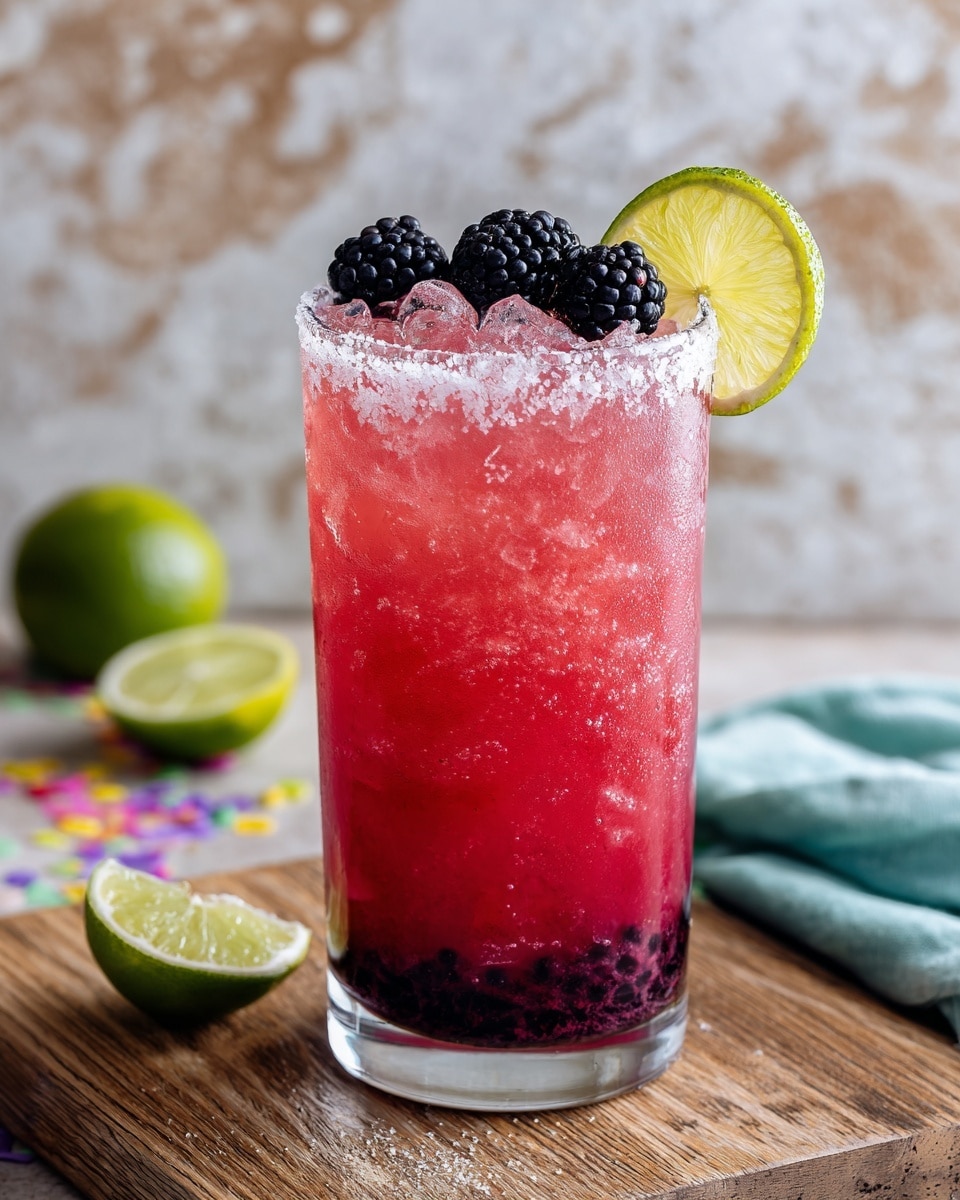 A tall clear glass filled with crushed ice and vibrant pink blackberry drink, with visible blackberries inside the liquid near the top layer. The rim of the glass is coated with coarse white sugar crystals. On top of the drink, three dark blackberries sit placed on the sugared rim. A fresh lime slice, light green with a white center, is perched on the right side of the glass edge. The glass is set on a wooden surface with colorful confetti and napkins nearby but the background should be replaced with a white marbled texture. Photo taken with an iphone --ar 4:5 --v 7