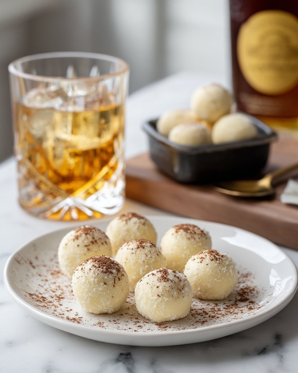 A white plate on a white marbled surface holds two rows of round dessert balls, light beige in color with small brown bits inside and a dusting of brown powder on top. Behind the plate, there is a glass filled with ice cubes and amber-colored liquid. To the right and blurred in the background, more dessert balls are slightly visible inside a white bowl. On the left side, an amber bottle with a white and yellow label is partially visible. Photo taken with an iphone --ar 4:5 --v 7