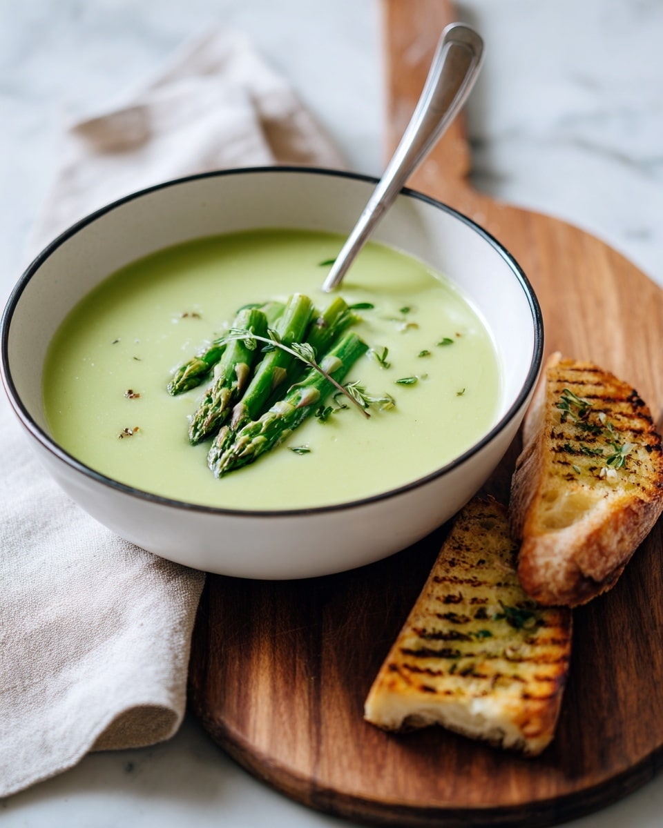 A white bowl with a black rim filled with creamy light green soup, smooth in texture, topped with three bright green asparagus tips placed neatly at the center, a silver spoon resting inside the bowl with its handle on the right side, next to the bowl on a wooden cutting board are two slices of toasted bread with grill marks and herbs, all set on a white marbled textured surface with a light grey cloth partially under the bowl, photo taken with an iphone --ar 4:5 --v 7