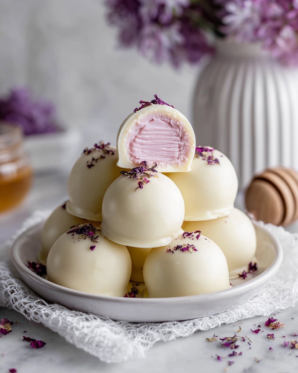 A stack of smooth, round white chocolate balls sits on a white plate, with one ball cut in half to show a soft, pink cream filling inside that has visible ridges. The white chocolate shells are glossy and dotted with tiny dried purple flower petals on top. The plate rests on a white cloth with a delicate texture, all set on a white marbled surface. In the background, there are blurred purple flowers and a white ribbed vase, with a wooden honey dipper on the right side, adding a soft and fresh feel to the scene. photo taken with an iphone --ar 4:5 --v 7