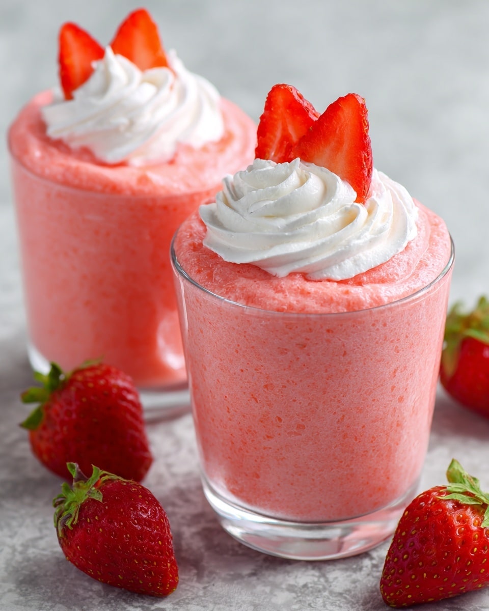 Two glasses filled with a smooth, bright pink strawberry mousse layer that has small air bubbles on the surface. Each glass is topped with a swirl of white whipped cream placed slightly off-center. One glass shown fully has two halved ripe red strawberries leaning on the mousse near the whipped cream. Around the base of the glasses, there are whole fresh strawberries with green leaves, all set on a white marbled surface. photo taken with an iphone --ar 4:5 --v 7
