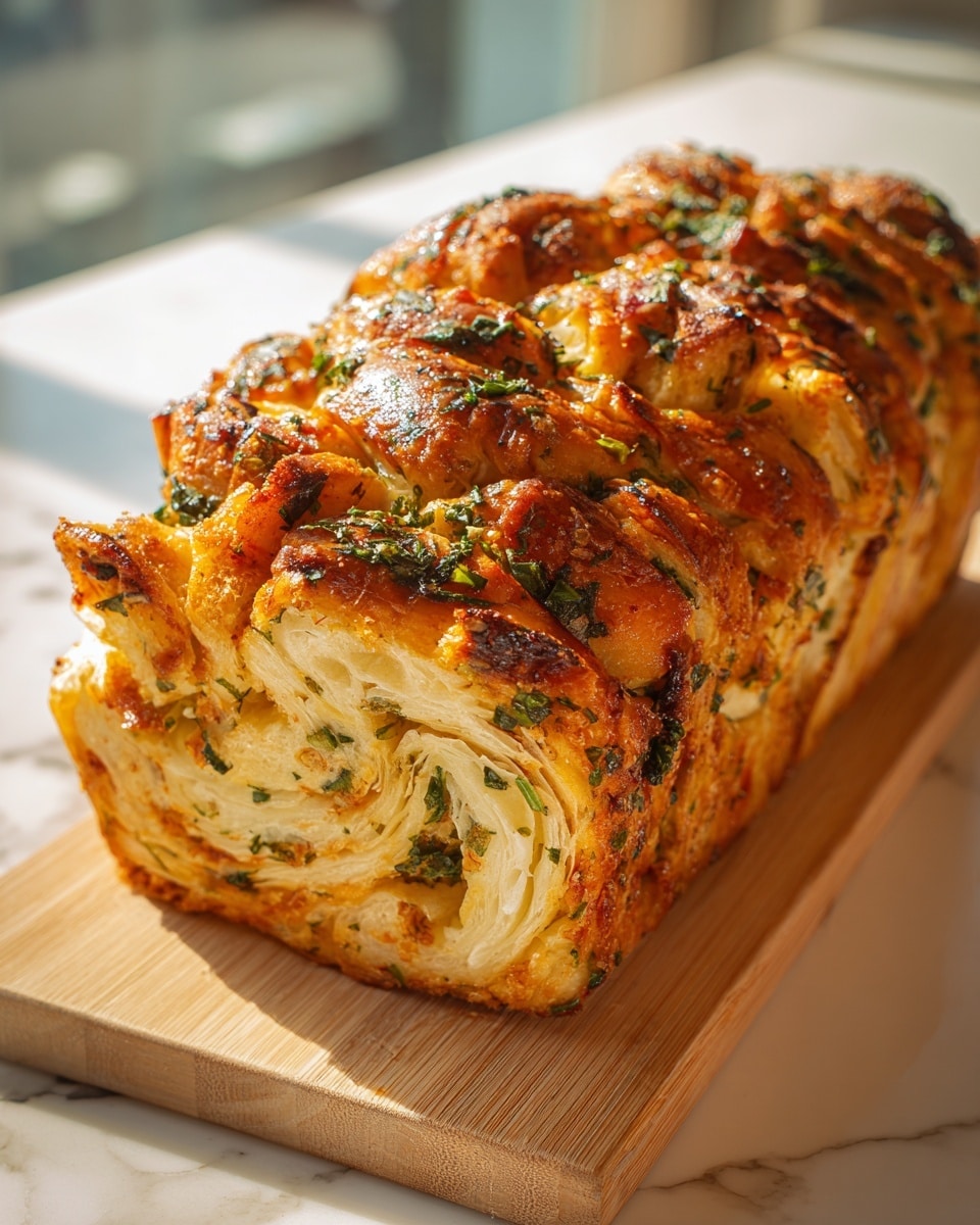 The image shows a close-up of a golden-brown loaf of pull-apart bread with several layers. The bread has a crispy, slightly shiny crust with visible golden and darker brown spots and is covered with green herbs. Inside, there are many thin, white dough layers swirled tightly together, dotted with green herbs, giving a textured look. The loaf rests on a light-colored wooden board. The background is a white marbled texture with natural light coming from a window. photo taken with an iphone --ar 4:5 --v 7