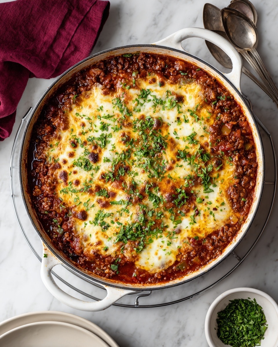 A round white pan holds a baked dish with two main layers visible from above: the bottom layer is a rich mix of cooked ground meat, diced vegetables in shades of brown, red, and green, and tomato sauce, while the top layer is a thick, golden-brown melted cheese crust with small browned spots and sprinkled with chopped bright green herbs. The pan is placed on a metal cooling rack over a white marbled surface. Nearby are two shiny silver serving spoons, a small white bowl filled with more chopped green herbs, and a white plate with a spoon on the left side. A folded red cloth is partially visible on the left side of the image. Photo taken with an iphone --ar 4:5 --v 7