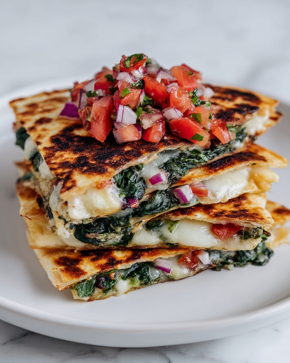 A stack of four folded quesadilla triangles sits on a white plate, each showing a golden-brown, slightly charred, and crispy tortilla exterior. Between the two layers of each quesadilla, there is melted white cheese and dark green spinach leaves, with bits of finely chopped onions visible. On top of the quesadilla stack, there is a fresh, colorful salsa made of bright red tomatoes, chopped purple onions, and green herbs, adding a vibrant pop of colors. The plate rests on a white marbled surface. Photo taken with an iphone --ar 4:5 --v 7