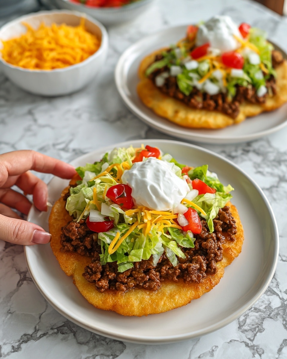The image shows two Navajo tacos on a white plate set on a white marbled surface. Each taco has three layers: the bottom layer is thick golden brown fry bread with a crispy texture, the middle layer is cooked ground beef with a dark brown color, and the top layer is a mix of bright green chopped lettuce, red diced tomatoes, and shredded yellow cheese. On the very top center of the front taco is a dollop of white sour cream. Behind the plate, a white bowl filled with shredded yellow cheese is visible, slightly blurred. A woman's hand is holding one taco in the background. The photo taken with an iphone --ar 4:5 --v 7