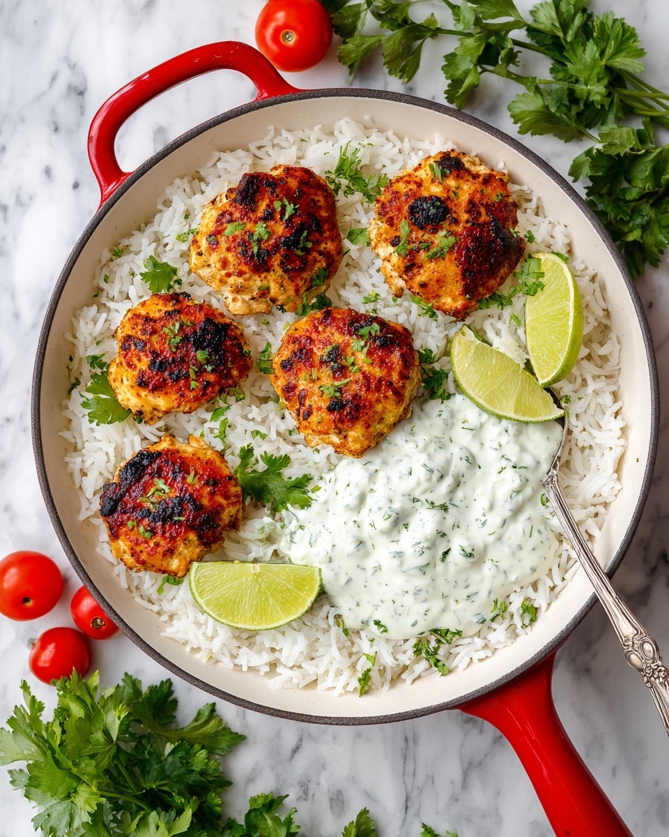 A white round pan with red handles filled with a bed of fluffy white rice topped with five golden-brown grilled chicken pieces scattered evenly across the surface. On one side, there are two dollops of creamy white sauce with visible green herb specks. Two bright green lime wedges rest near the sauce. Fresh green parsley leaves are sprinkled on the chicken, sauce, and rice, adding color contrast. The pan is placed on a white marbled surface with some fresh parsley leaves and small cherry tomatoes surrounding it. A silver spoon leans inside the pan near the lime wedges. photo taken with an iphone --ar 4:5 --v 7