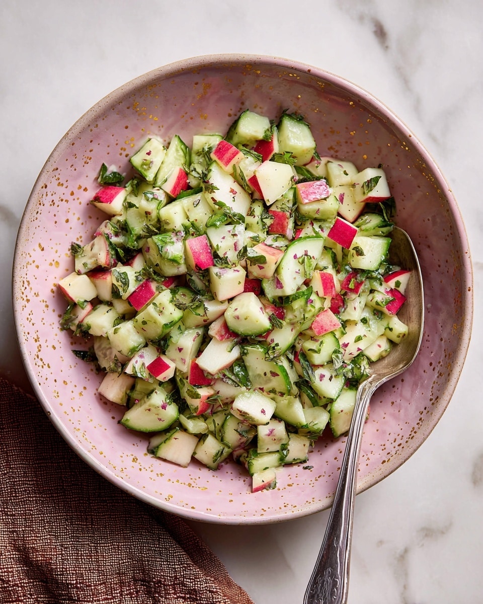 A white bowl filled with a fresh salad made of roughly chopped apples with red skin, light green cucumbers, and small sprigs of green parsley scattered throughout, the ingredients mixed evenly and sprinkled lightly with black pepper; a silver spoon rests on the right inside edge of the bowl, all placed on a white marbled surface with a soft brown cloth partially visible at the bottom left corner, photo taken with an iphone --ar 4:5 --v 7