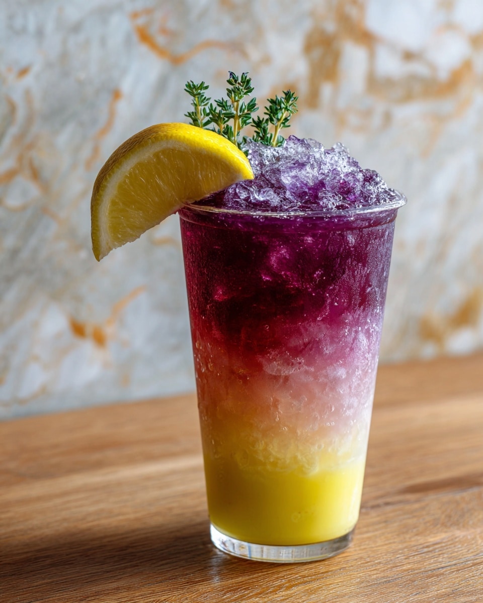 The image shows a tall clear glass filled with a colorful drink that has two main layers. The bottom layer is bright yellow with a smooth texture. Above it is a pinkish-purple layer with crushed ice giving a rough, sparkling look. A yellow lemon slice and a small green sprig of herbs are placed on the rim of the glass. The glass is sitting on a wooden surface with a blurred background behind it. Photo taken with an iphone --ar 4:5 --v 7
