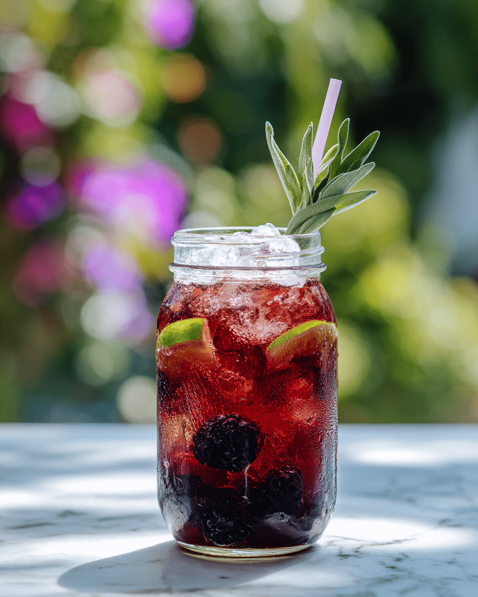 A tall clear glass jar filled with dark red iced tea, showing several whole blackberries floating inside along with two thin, round slices of light green lime placed vertically near the jar walls; on top is a layer of crushed ice with a light pink straw inserted and a small bunch of fresh green sage leaves standing upright for garnish. The background is blurred with bright outdoor greenery and hints of pink and purple flowers, resting on a white marbled surface. Photo taken with an iphone --ar 4:5 --v 7