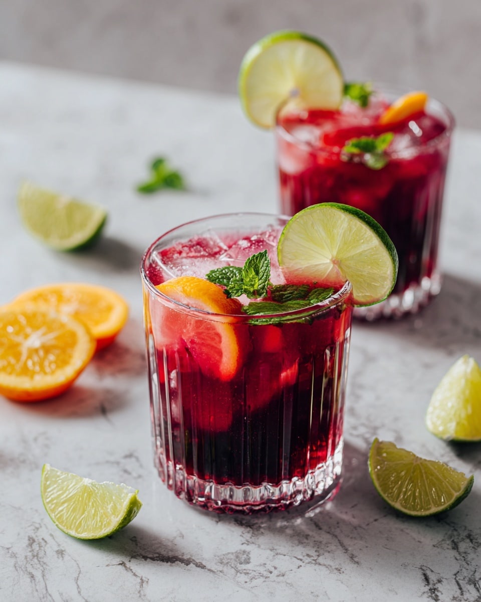 The image shows a clear crystal glass with vertical ridges, filled almost to the top with a red drink that has a mix of ice cubes and floating small orange slices inside. The glass is tall with a short, round stem and sits on a white marbled surface. A thin slice of lime is placed on the rim of the glass as decoration. In the background, another similar glass with the same drink is slightly out of focus, showing a second lime slice on the rim. The overall setting has a soft light that highlights the colors of the drink and the glass details. Photo taken with an iphone --ar 4:5 --v 7