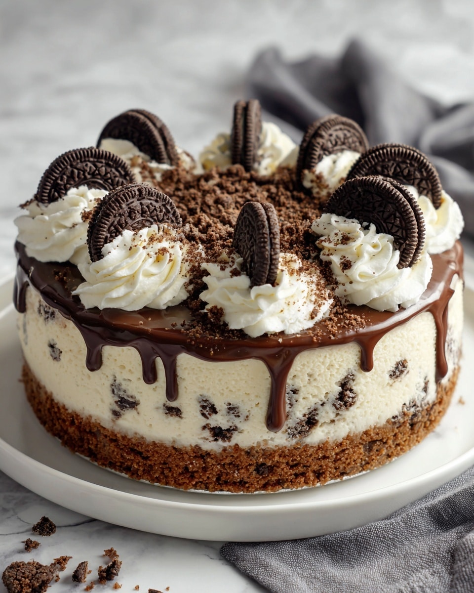 The image shows a round cookies and cream cheesecake on a white plate. The cake has three visible layers: the bottom layer is a brown crumbly crust, the middle layer is a creamy white cheesecake with visible dark cookie bits mixed evenly throughout, and the top layer has fluffy white whipped cream swirled around the edge. Each swirl of whipped cream is topped with a half of a dark chocolate sandwich cookie, and there are crumbs sprinkled over the whipped cream and the top of the cake. Some chocolate sauce drips down the side from the top edge, adding a glossy, rich texture. The cake sits on a white marbled surface with a grey cloth nearby. photo taken with an iphone --ar 4:5 --v 7