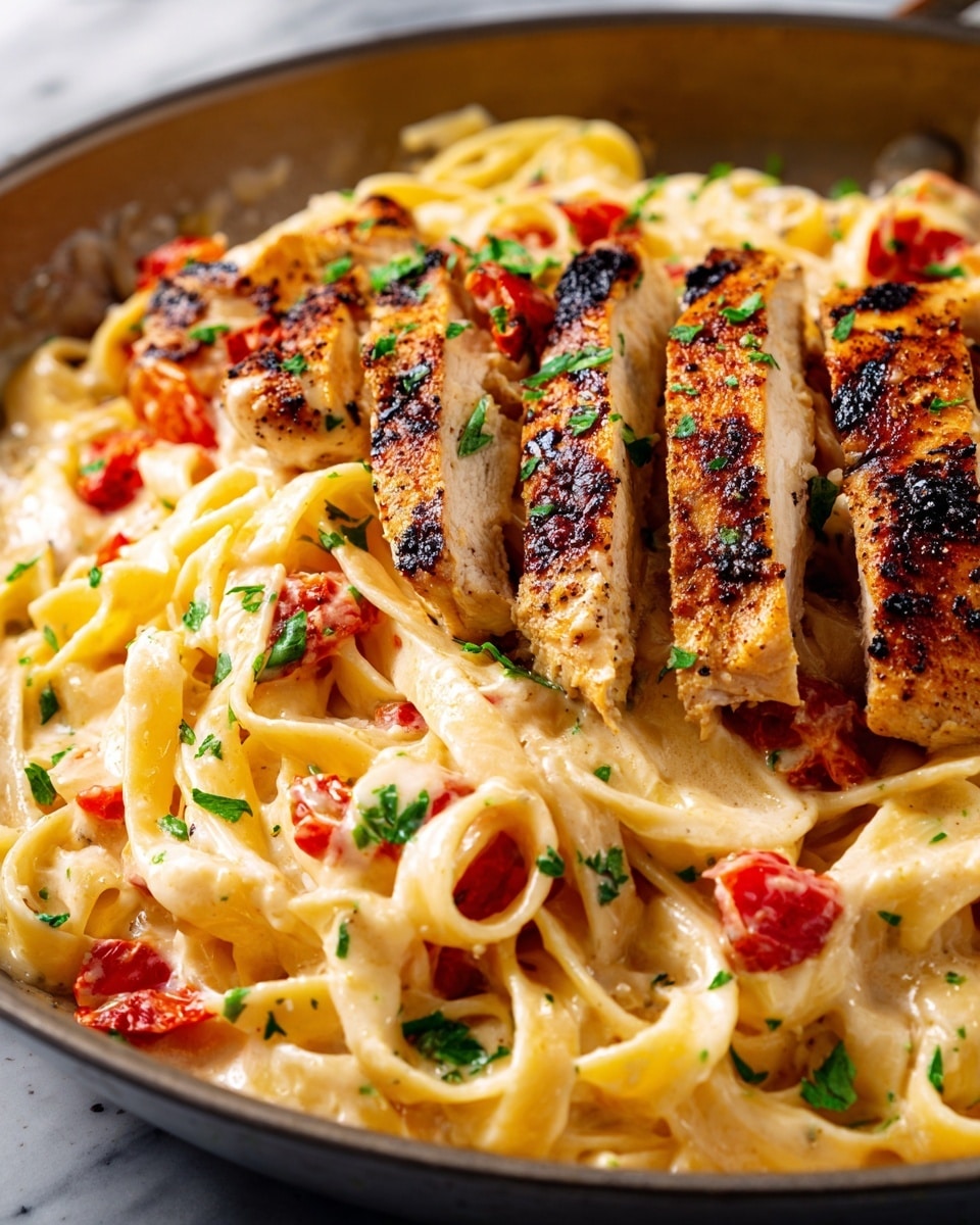 A close-up view of a pan filled with creamy fettuccine pasta mixed with small pieces of red tomato and garnished with chopped green parsley. The pasta is coated with a thick, light beige sauce. On the right side of the pan, there are several pieces of grilled chicken breast with charred marks and a golden-brown crust, also topped with parsley. The chicken is placed on top of the pasta, slightly overlapping it. The white marbled surface under the pan can be faintly seen in the background. Photo taken with an iphone --ar 4:5 --v 7