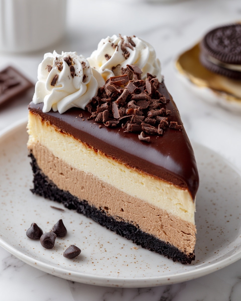 A slice of layered cheesecake sits on a white plate with a speckled pattern. From bottom to top, the first layer is a dark, crumbly cookie crust, followed by a thick, creamy light beige cheesecake layer. Above that is a softer, smooth light brown chocolate cheesecake layer. The top surface is covered with a glossy, rich chocolate ganache. On top of the ganache, there are swirls of white whipped cream sprinkled lightly with chocolate shavings, and a small pile of darker chocolate curls next to the cream. Around the plate are small chocolate chips and a halved chocolate sandwich cookie. The background shows a white marbled texture. photo taken with an iphone --ar 4:5 --v 7