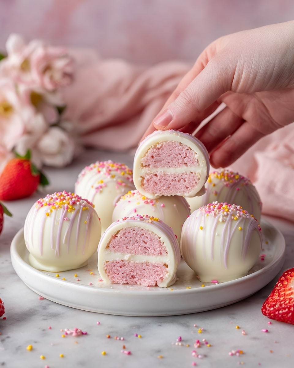 The image shows a white round plate with six round dessert balls on it, each coated in creamy white chocolate and topped with small pink and yellow sprinkles. Two of the dessert balls are cut in half, revealing three layers inside: a bright pink soft filling sandwiched between two light pink cake layers, giving a soft and fluffy texture. The plate sits on a white marbled surface with a few fresh strawberries around it. There is a woman's hand gently touching one of the dessert balls. The background is softly blurred in pink tones, enhancing the sweet and delicate feel of the scene. Photo taken with an iphone --ar 4:5 --v 7