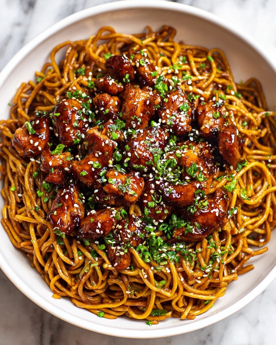 A white bowl filled with a tangle of brown stir-fried noodles mixed with small, glossy, dark brown glazed chicken pieces on top. The chicken is scattered evenly and glistens with a shiny sauce. Bright green chopped herbs and scallions are sprinkled all over, adding a fresh contrast to the rich brown noodles. Tiny white sesame seeds are lightly sprinkled on top of the chicken pieces. The background shows a blurred white marbled texture, making the colors of the food stand out. photo taken with an iphone --ar 4:5 --v 7