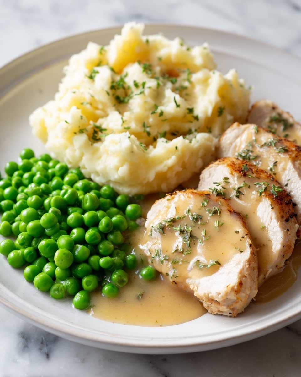 A white plate with three parts: bright green peas on the left side with a smooth, round texture; two thick, slightly browned chicken breasts with a golden crust in the center, topped with a creamy beige sauce; and creamy mashed potatoes on the right, white with a few green herb bits mixed in. The sauce also pools under the chicken, adding a shiny light brown layer. All is set on a white marbled surface. Photo taken with an iphone --ar 4:5 --v 7