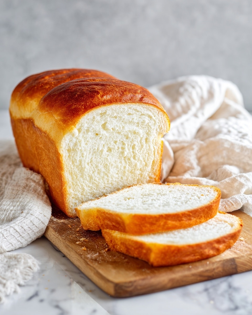 A loaf of white bread sits on a wooden cutting board placed on a white marbled surface. The loaf is sliced, with three thick slices lying flat in front of it, revealing soft, white, fluffy bread inside. The golden-brown crust is smooth and evenly baked, forming a light contrast with the bright white interior. A white cloth is partially visible in the background, adding a cozy feel to the scene. photo taken with an iphone --ar 4:5 --v 7