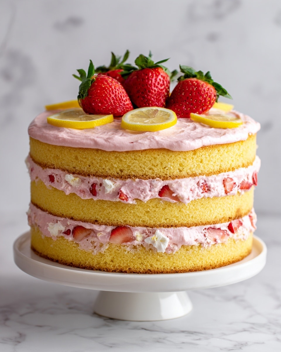A three-layer round sponge cake with a light yellow color, each layer separated by thick, creamy pink strawberry frosting mixed with small pieces of strawberries. The cake is topped with a smooth layer of the same pink strawberry frosting, decorated with five whole red strawberries with green leaves arranged close together in the center, and two thin lemon slices placed behind the strawberries on a white cake stand. The background shows a white marbled texture. Photo taken with an iphone --ar 4:5 --v 7
