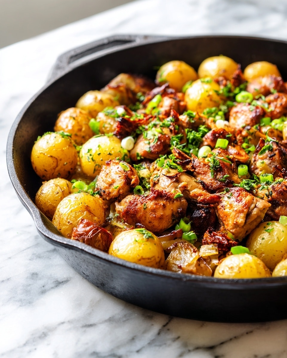 A black cast iron pan filled with a layered dish starting with small golden roasted potatoes at the bottom, topped with browned and crispy chicken pieces sprinkled with green herbs that add a touch of freshness. The potatoes show a light, slightly rough texture, while the chicken looks juicy and well-seasoned with a crispy skin. Small chunks of green onions or herbs are scattered evenly over the top, bringing a bright contrast to the warm and earthy colors of the dish, all set on a white marbled surface with soft natural lighting. photo taken with an iphone --ar 4:5 --v 7