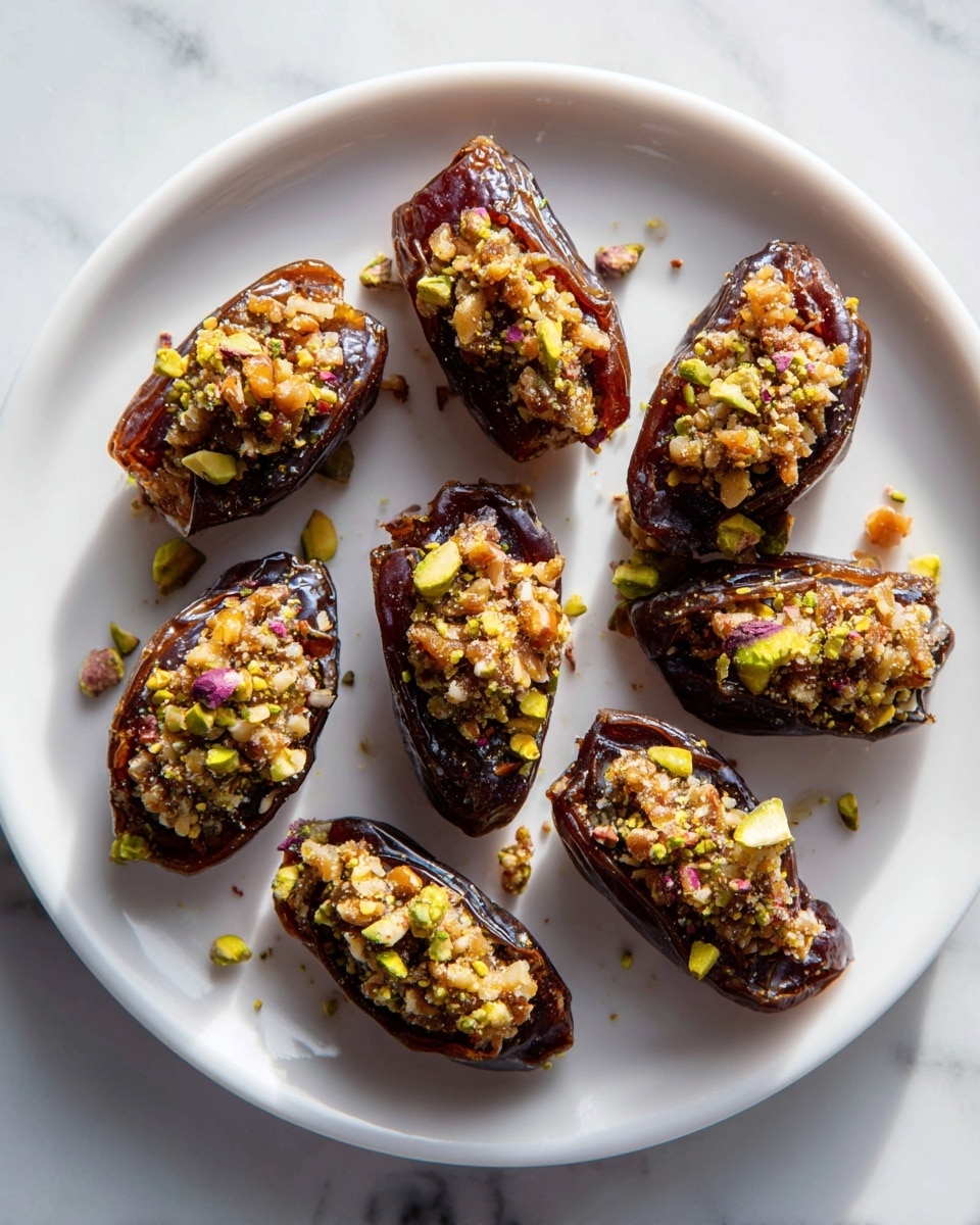The image shows a white plate with eight dark brown dates, each stuffed with a mixture of finely chopped nuts including walnuts and pistachios that add a light brown and green color on top. The nuts look slightly glossy, suggesting a syrup or honey coating, and the dates have a wrinkled, chewy texture. The plate is placed on a white marbled surface, and the scene is bright with natural light. photo taken with an iphone --ar 4:5 --v 7