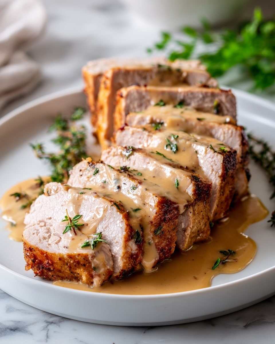 The image shows a cooked pork loin sliced into thick pieces, arranged in a row on a white plate. The pork has a golden-brown crust with a tender pink center. A creamy light brown sauce is drizzled over the top, pooling slightly on the plate. Small green herbs are sprinkled over the sauce and meat, adding a touch of color. The plate sits on a white marbled surface, and the background is softly blurred with some green plants visible. Photo taken with an iphone --ar 4:5 --v 7