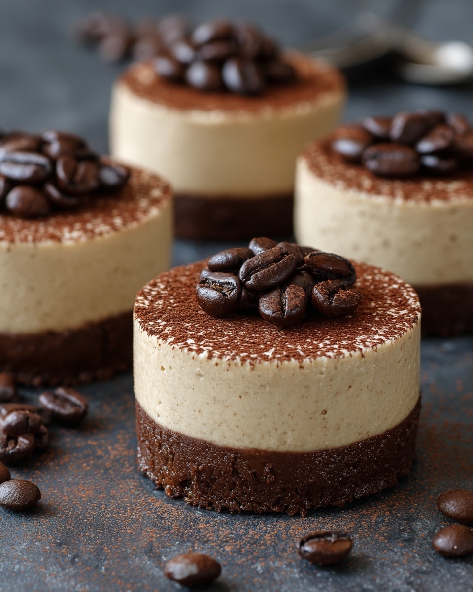 Four round desserts with two layers each sit on a dark surface scattered with coffee beans. The bottom layer is a rich dark brown, smooth and solid, while the top layer is a thick, creamy light beige with a glossy texture. Each dessert has a small pile of shiny dark brown coffee beans placed in the center on top, with a dusting of cocoa powder sprinkled lightly over the top, concentrated near the beans. The setting includes blurred objects in the background and more coffee beans scattered around. photo taken with an iphone --ar 4:5 --v 7