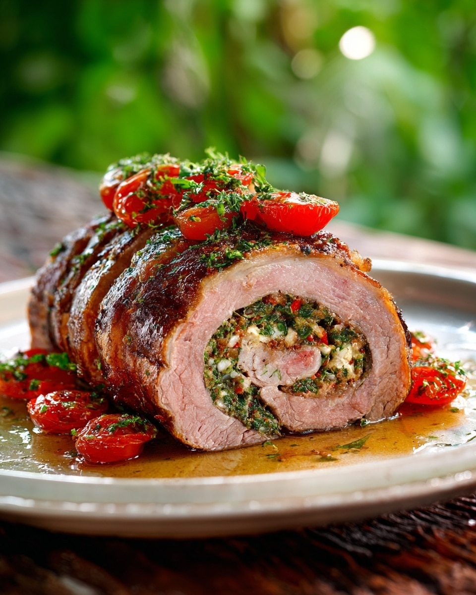 A well-cooked meat roll sits on a round white plate with a shiny brown wooden texture underneath it, cut into two thick slices showing multiple layers: a dark brown meat outer layer, a pinkish inner layer of cooked meat, and a center filled with a colorful, textured stuffing made of finely chopped green herbs and red spices surrounding a light bone ring. The top of the meat roll is garnished with chopped green herbs and halved bright red cherry tomatoes, glistening with juices that pool slightly around the plate. The background shows a soft blurred green leafy setting. Photo taken with an iphone --ar 4:5 --v 7