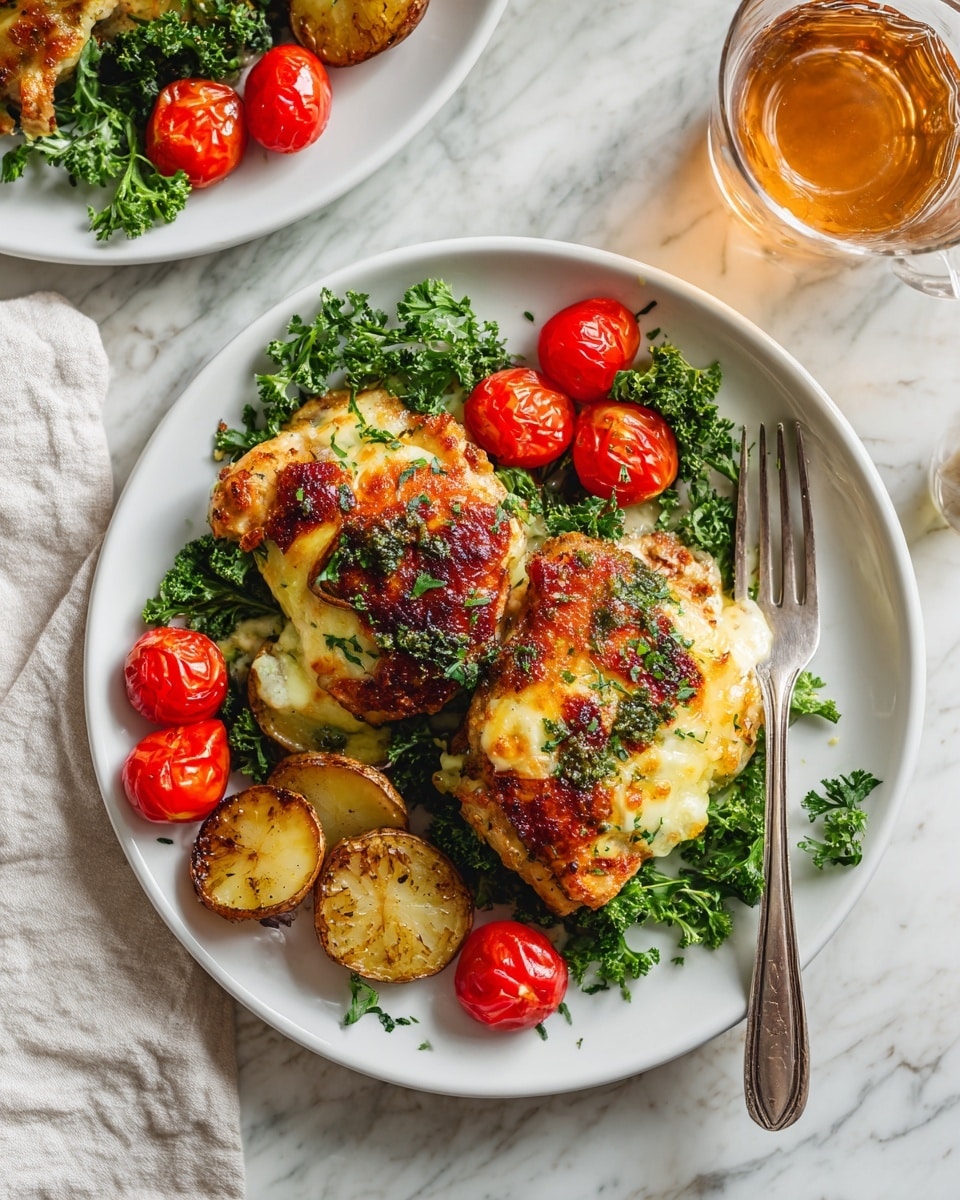 Two pieces of golden brown baked chicken with melted cheese and herbs sit on top of a bed of light green leafy parsley and slices of roasted light brown potatoes with char marks. Bright red halved cherry tomatoes are placed around the edges, adding a pop of color. The food is arranged on a white plate, with a silver fork resting on the right side of the plate. The background shows a glass of amber-colored drink beside another similar plate. The setting is on a white marbled textured surface. photo taken with an iphone --ar 4:5 --v 7