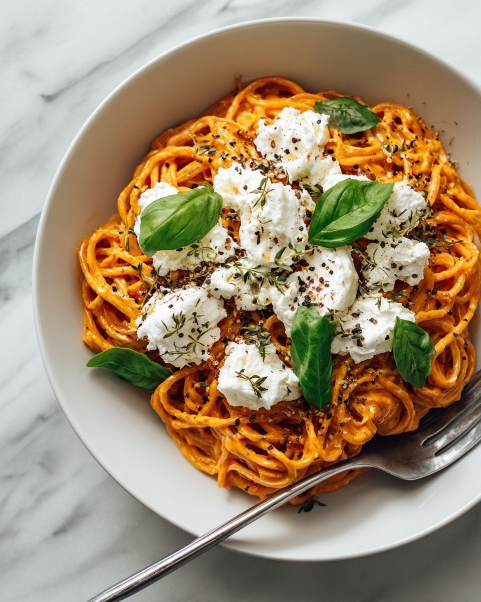 A close-up of a bowl of pasta with three layers: the bottom layer is orange creamy sauce-coated noodles with a smooth texture, topped with dollops of white, soft cheese scattered unevenly on top. Fresh green basil leaves are placed on the cheese and pasta, adding a pop of color. Black pepper and small herbs are sprinkled over everything. The pasta sits in a white bowl on a white marbled surface, with a stainless fork resting inside the bowl on the right side. photo taken with an iphone --ar 4:5 --v 7