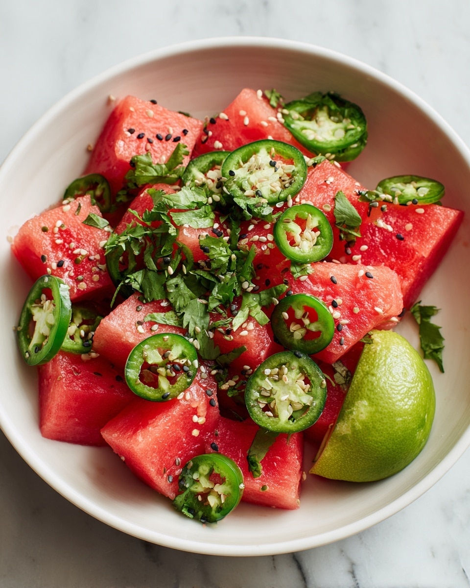 A white bowl filled with wedge-shaped watermelon pieces showing their deep red flesh and green rind forms the base layer, topped with bright green sliced jalapeño rings and scattered fresh green cilantro leaves. Tiny black and white sesame seeds and crushed seasoning are sprinkled generously over the top, adding texture and contrast to the vibrant red and green colors. A lime half rests next to the bowl on a white marbled surface, enhancing the fresh, zesty feel of the dish. Photo taken with an iphone --ar 4:5 --v 7