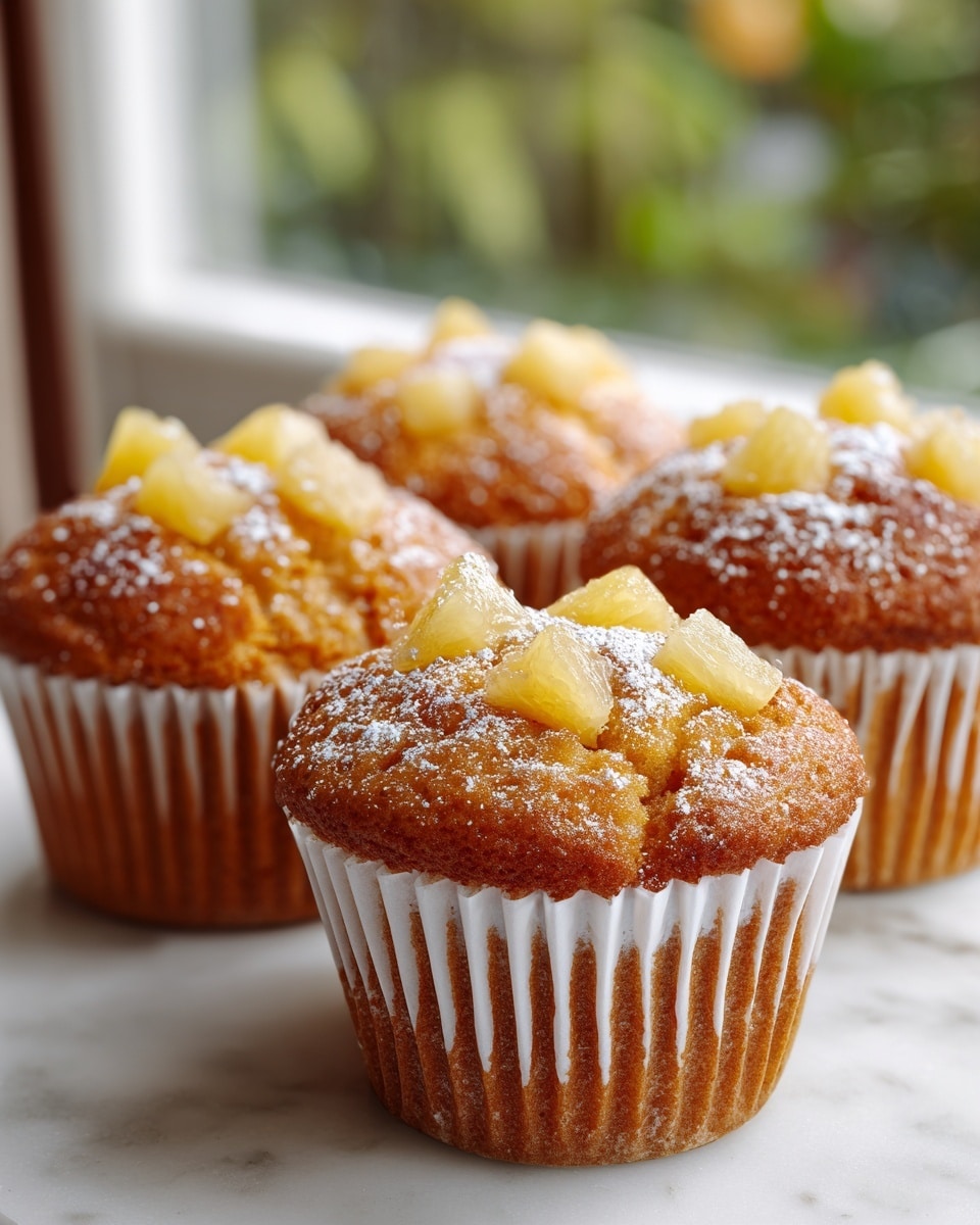 A close-up of four golden-brown muffins with a slightly rounded, textured top, each topped with small, soft-looking pale yellow pineapple chunks and a light dusting of powdered sugar that sparkles gently. The muffins have a warm, slightly rough surface with visible cinnamon specks and are wrapped in white vertical-striped paper liners. They are placed on a white marbled surface with a soft-focused background showing a large window and green outdoor colors. The overall color palette is warm and inviting, emphasizing the muffins' moist and spiced texture. photo taken with an iphone --ar 4:5 --v 7