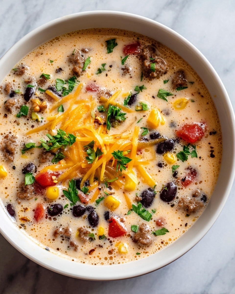 A close-up image of a creamy soup in a white bowl, showing several layers of texture and color. The base is a smooth, light beige creamy broth with small bubbles on the surface. Scattered on top are browned ground meat pieces, black beans, sweet corn kernels, and chunks of red tomato, creating a mixed pattern of brown, black, yellow, and red colors. Bright orange shredded cheese is sprinkled in the center, slightly melting into the soup, with small green parsley leaves around and on the cheese for a fresh contrast. The bowl sits on a white marbled surface. photo taken with an iphone --ar 4:5 --v 7