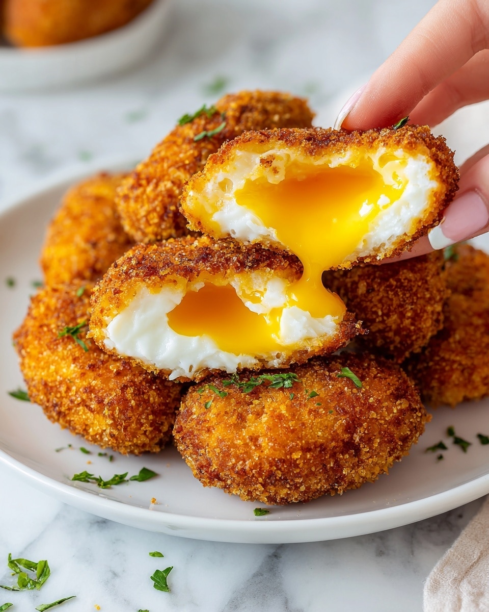The image shows a close-up of a golden brown fried croquette that is broken open to reveal a runny bright yellow yolk and creamy white filling inside. The croquette layers include a crispy, coarse-textured outer shell, a soft white cheese or cream layer in the middle, and the rich gooey egg yolk at the center. The croquettes are stacked on a white plate on a white marbled surface with small green herb pieces sprinkled around. A woman's hand is holding the broken croquette to clearly show the inside. Photo taken with an iphone --ar 4:5 --v 7