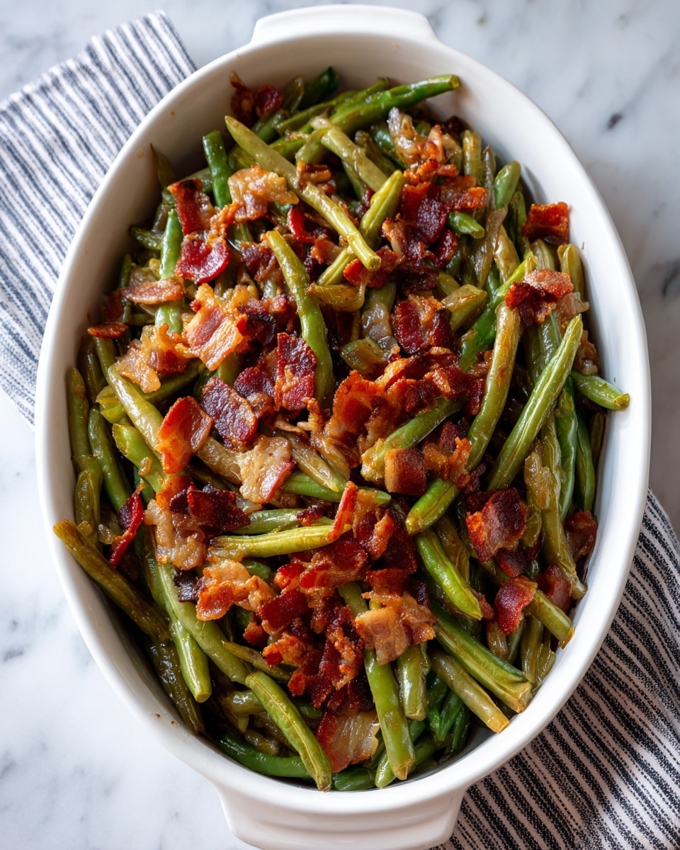 The image shows a white oval casserole dish filled with cooked green beans mixed with crispy pieces of browned bacon on top. The green beans are cut into medium-length pieces, and the bacon appears crunchy with a rich reddish-brown color. The dish looks well-cooked with a slight shine, indicating a savory sauce or seasoning. The casserole is placed on a white marbled surface with a striped cloth partially visible on the side. Photo taken with an iphone --ar 4:5 --v 7