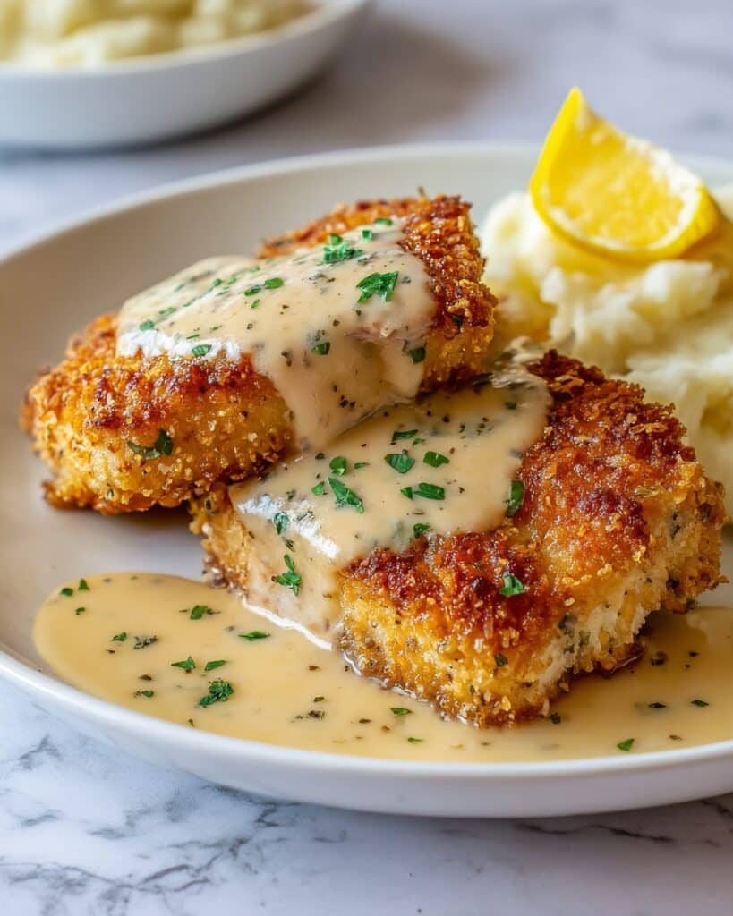 Lemon Pecorino Crusted Chicken with Creamy Lemon Sauce Recipe