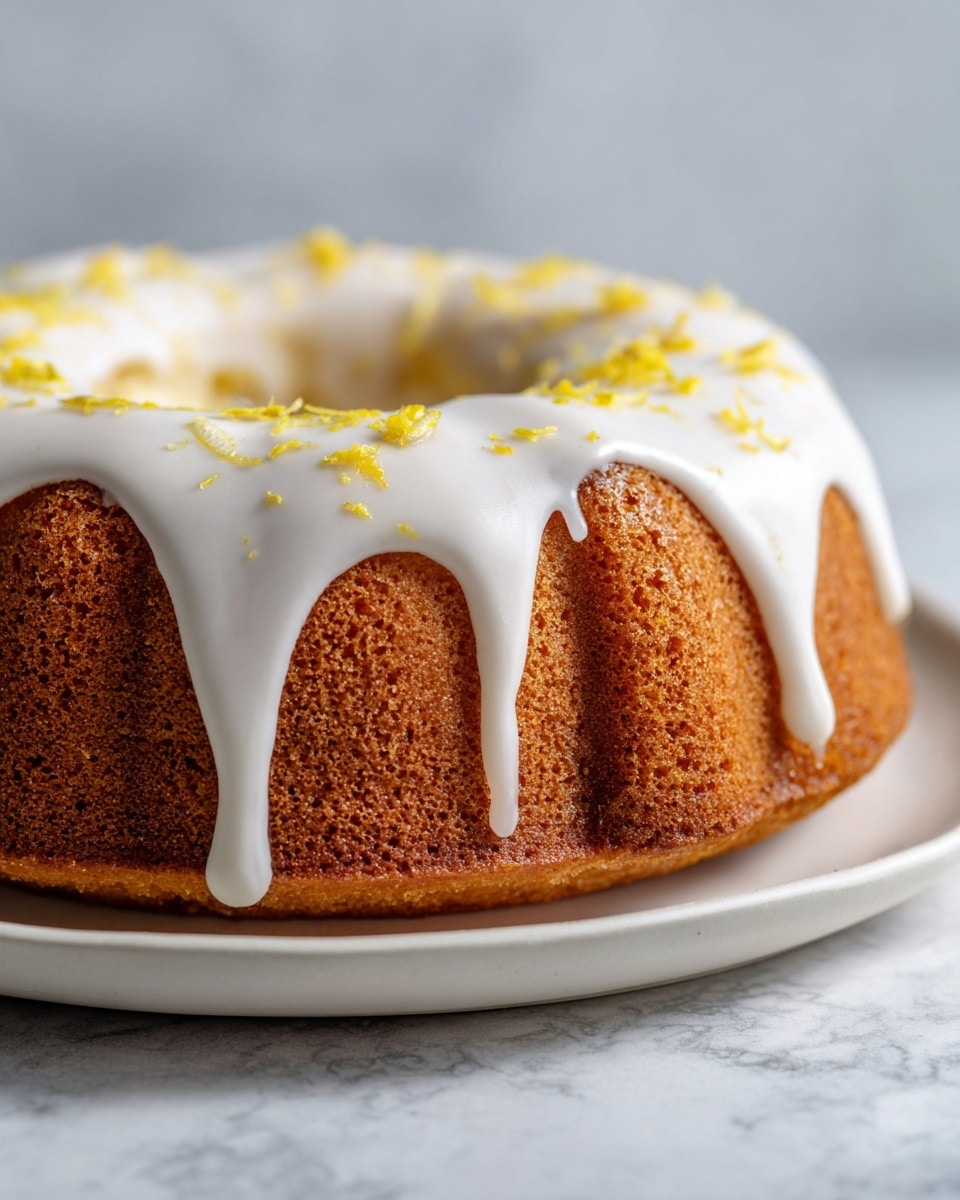 The image shows a single-layer round bundt cake with a light golden yellow inside and a darker brown crust on the outside. The cake is topped with a smooth, thick layer of white icing that drips down the sides unevenly, pooling slightly at the bottom. Small yellow zest pieces are sprinkled on top of the icing, adding texture and color contrast. The cake sits on a simple white plate with a smooth surface, and the background features a soft focus, creating a clear view of the cake in the foreground on a white marbled texture. photo taken with an iphone --ar 4:5 --v 7