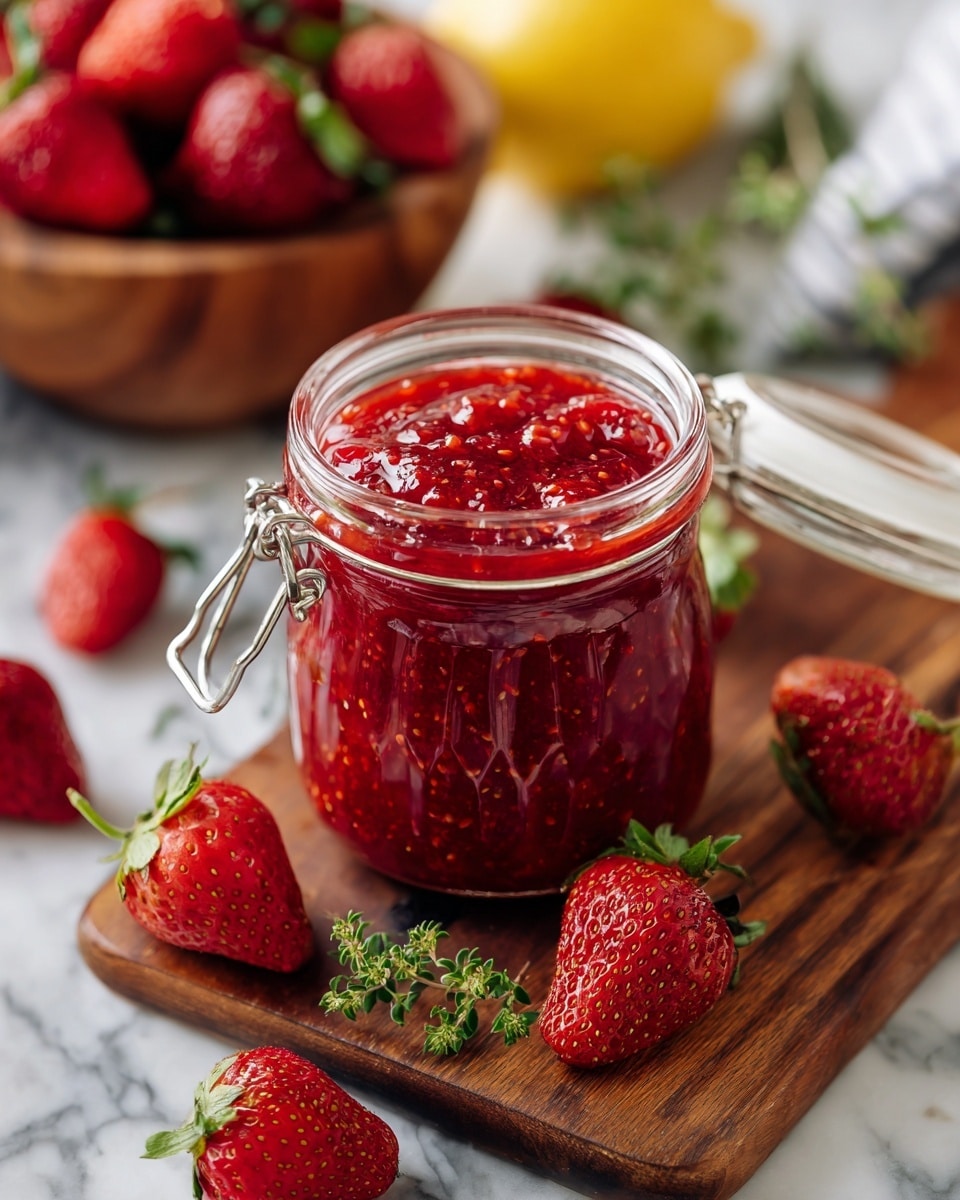 A clear glass jar filled with bright red strawberry jam is placed at the center of a wooden board. The jam is thick and has visible strawberry seeds and chunks, with a glossy surface that catches the light. The jar has a metal hinge and clear lid propped open. Around the jar, fresh red strawberries with green tops are scattered on the board, along with a small green herb sprig placed near the jar. In the blurred background, more strawberries are seen in a wooden bowl, and part of a lemon and banana are visible. The scene is set on a white marbled texture surface. photo taken with an iphone --ar 4:5 --v 7