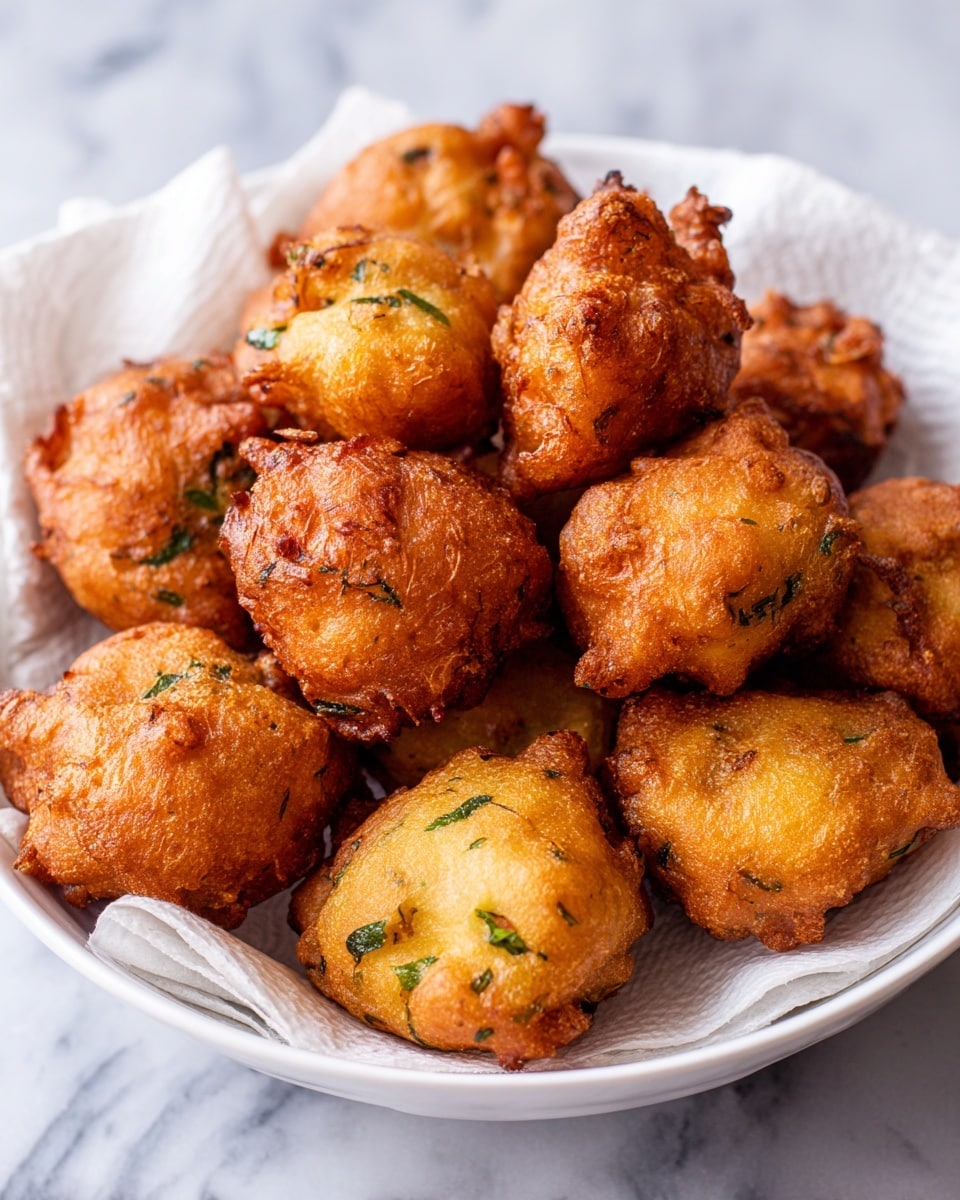 A bowl filled with around ten golden brown fried fritters with a rough, crispy texture, some showing small green herb bits embedded in the batter. The fritters vary slightly in shape and size, sitting on a white paper towel inside a white bowl. The bowl rests on a white marbled surface, and the fritters have a crunchy, uneven outer layer that catches the light softly. photo taken with an iphone --ar 4:5 --v 7