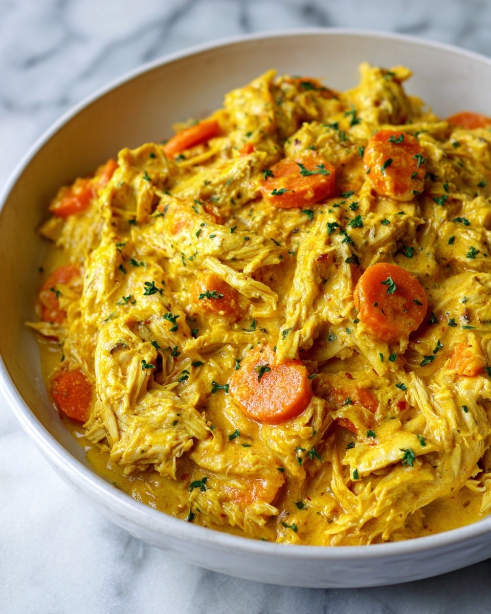 The image shows a close-up of a cooked chicken dish in a white bowl, placed on a white marbled surface. The chicken pieces are shredded and arranged in a single layer, covered with melted golden cheese that has a smooth, slightly bubbly texture. Scattered on top are small slices of soft orange carrots, adding a pop of color, and sprinkled green herbs give a fresh touch. The overall look is warm and inviting, with the cheese blending softly into the chicken underneath. Photo taken with an iphone --ar 4:5 --v 7
