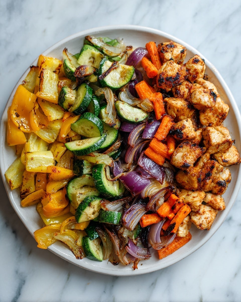 A white plate filled with three layers of roasted vegetables arranged together: the bottom layer has golden-yellow bell pepper pieces; above this, there are green cucumber slices with light grill marks; and on top, there are browned, grilled chicken chunks that are evenly cooked with some blackened spots. Mixed throughout are some small purple onion pieces and orange baby carrots, giving the dish a colorful and hearty look. The plate is set on a white marbled surface. photo taken with an iphone --ar 4:5 --v 7
