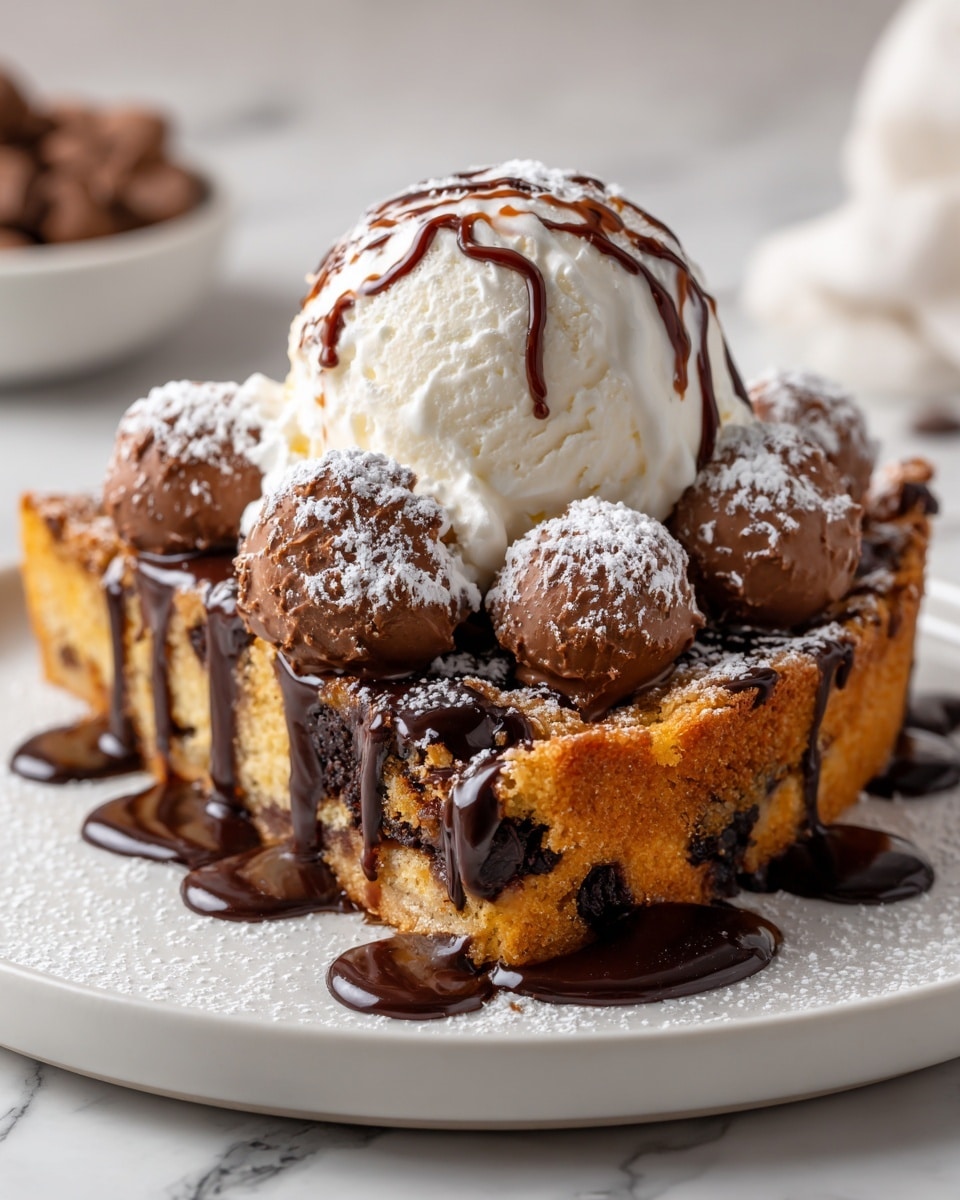 A slice of golden brown cake with visible dark chocolate chunks is placed on a white plate with a white marbled surface underneath. The cake is drizzled generously with thick, glossy dark chocolate sauce that pools around the base. On top of the cake are several rounded pieces of chocolate, lightly dusted with powdered sugar. At the very top is a smooth, creamy scoop of vanilla ice cream, also topped with a small drizzle of chocolate sauce and a dusting of powdered sugar. Photo taken with an iphone --ar 4:5 --v 7