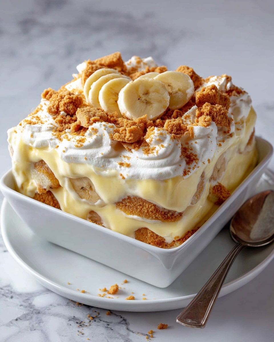 The image shows a white square bowl filled with a layered banana pudding dessert. At the bottom, there is a layer of creamy, light yellow pudding with visible slices of banana. Above that, a thick layer of soft white whipped cream covers the bananas and pudding. The top layer is sprinkled with light brown crumbled cookies, and a single banana slice is placed on the top center. The bowl is set on a white marbled surface. Photo taken with an iphone --ar 4:5 --v 7