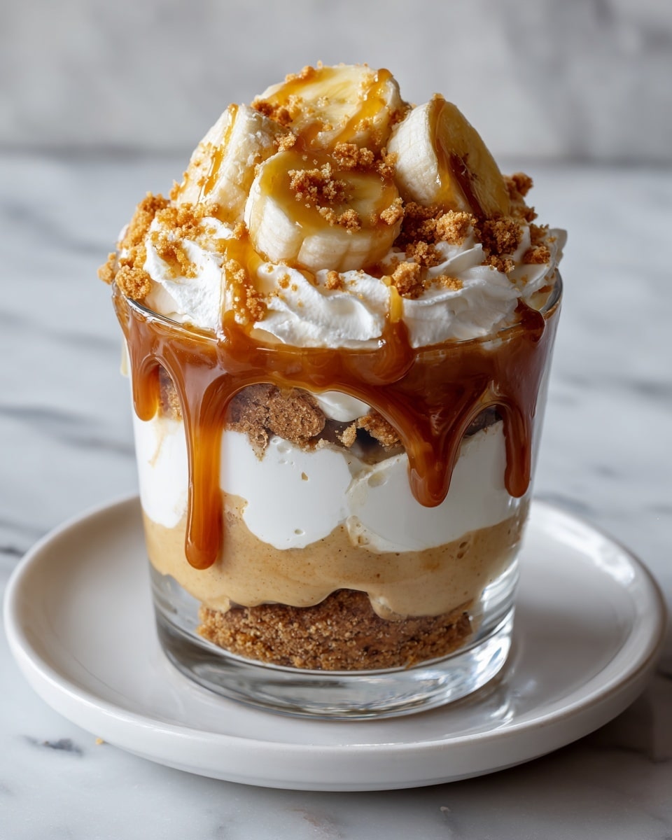 The image shows a clear glass filled with layers of dessert. The bottom layer is a light brown creamy pudding, followed by a thick layer of crushed golden brown cookies. Above that is a white fluffy whipped cream layer, topped with sliced yellow bananas and more crushed cookies. A rich caramel sauce is drizzled generously over the top, running down the sides of the whipped cream and glass. The dessert sits on a white plate on a white marbled surface. photo taken with an iphone --ar 4:5 --v 7
