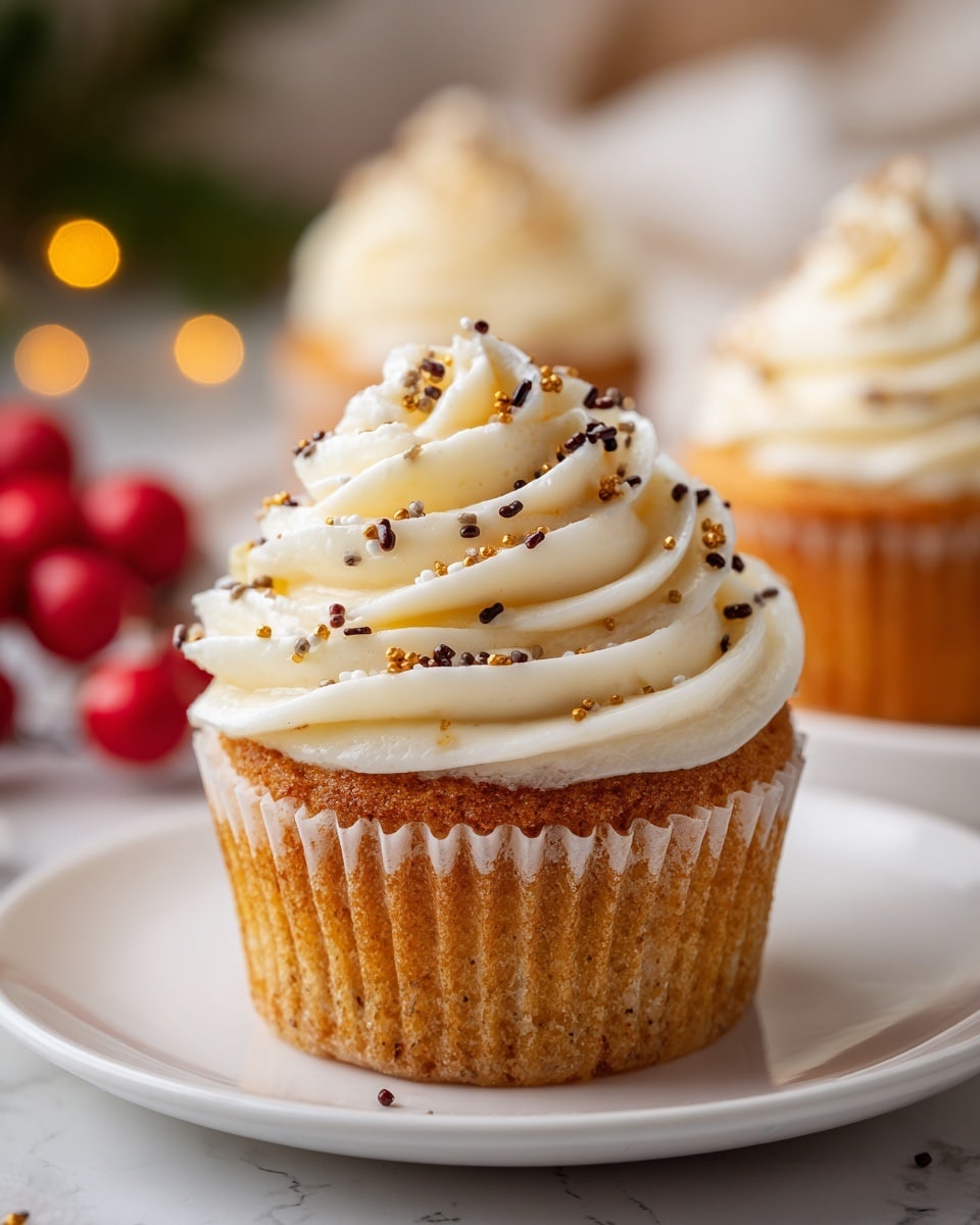 A close-up of a single cupcake centered on a white plate, showing two main layers: the bottom is a light brown soft cake with a slightly shiny, smooth texture, and the top is a thick swirl of creamy white frosting with a smooth, fluffy texture. The frosting is decorated with small dark and golden brown sprinkles scattered evenly on top. In the blurred background, two more cupcakes with similar frosting swirls are visible, set against a white marbled surface, with soft warm lights and red decorations in the far background. photo taken with an iphone --ar 4:5 --v 7