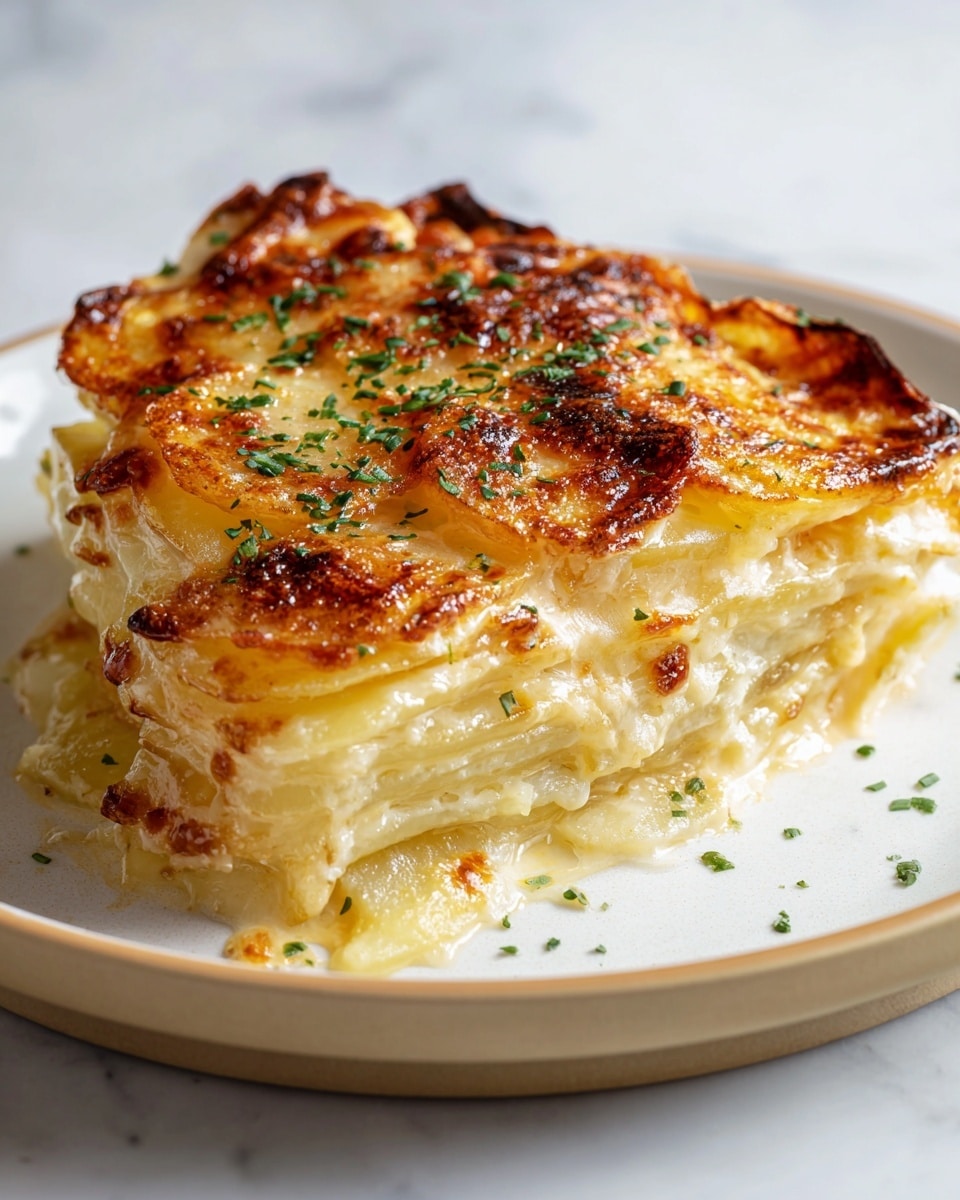 A serving of scalloped potatoes is shown on a white plate with a slight beige rim, set on a white marbled surface. The dish has multiple thin layers of golden-brown potato slices, baked with a creamy sauce visible between the layers. The top layer is crispy and browned, with uneven spots of darker caramelization, and sprinkled evenly with finely chopped green herbs for a fresh look. The edges show some bubbling creamy texture slightly spilling onto the plate. Photo taken with an iphone --ar 4:5 --v 7