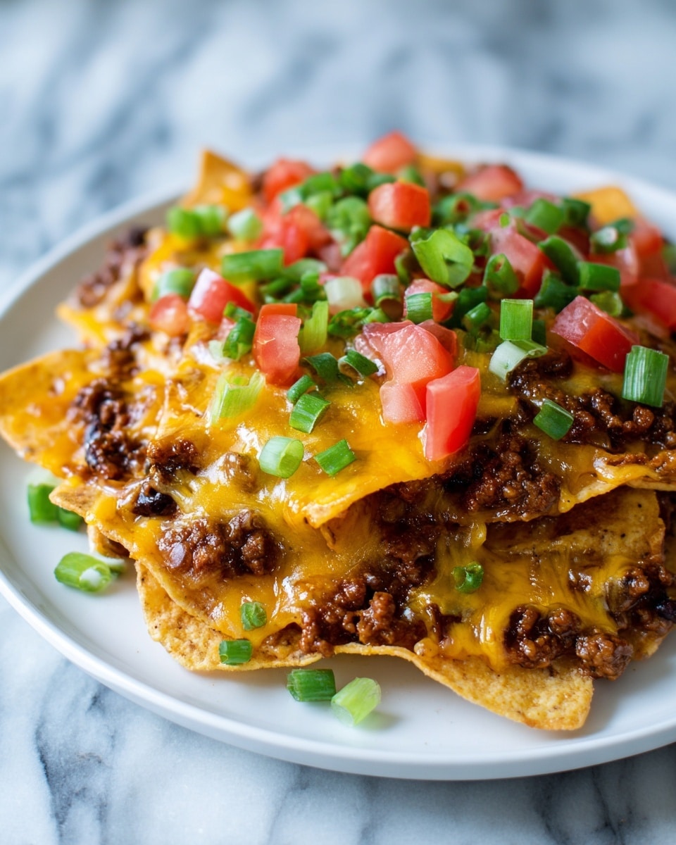A white plate holds a single large serving of layered nachos. The base layer is a bed of crispy corn chips, topped with a generous layer of browned ground beef mixed with beans. On top of that is a melted yellow-orange cheese layer with a gooey texture. The next layer is small fresh diced tomatoes, scattered evenly. A few chopped green onions are sprinkled all over, adding a fresh green color contrast. The background is a white marbled texture. Photo taken with an iphone --ar 4:5 --v 7