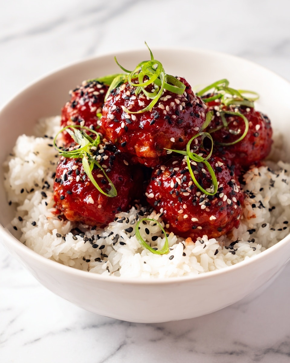 A white bowl contains a bed of white rice with grains slightly sticky and some small red sauce spots. On top, six round meatballs coated in a shiny, thick red sauce sprinkled with black and white sesame seeds are stacked. Thin, curled green onion strips sit on the meatballs, adding a fresh, light green layer and soft texture. The surface under the bowl is a white marbled texture. photo taken with an iphone --ar 4:5 --v 7
