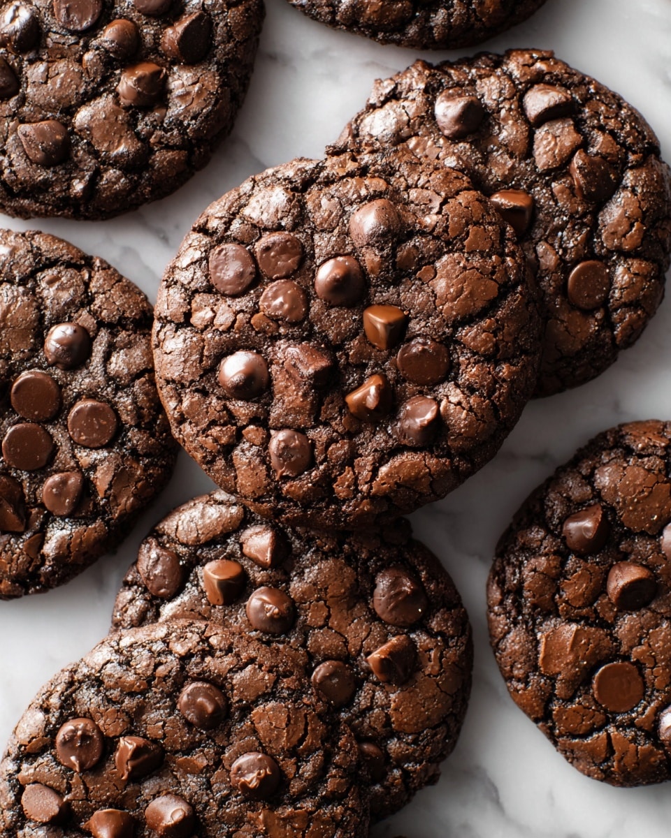 The image shows several dark brown chocolate cookies with a cracked, slightly shiny surface. Each cookie is topped with many small, melted chocolate chips spread evenly across the top. The cookies are arranged close together on a white marbled surface, creating a warm, homemade feel. photo taken with an iphone --ar 4:5 --v 7